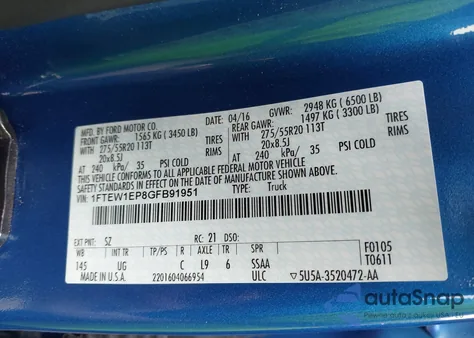 2016 Ford F-150 Xlt из США, поврежденный, VIN 1FTEW1EP8GFB91951